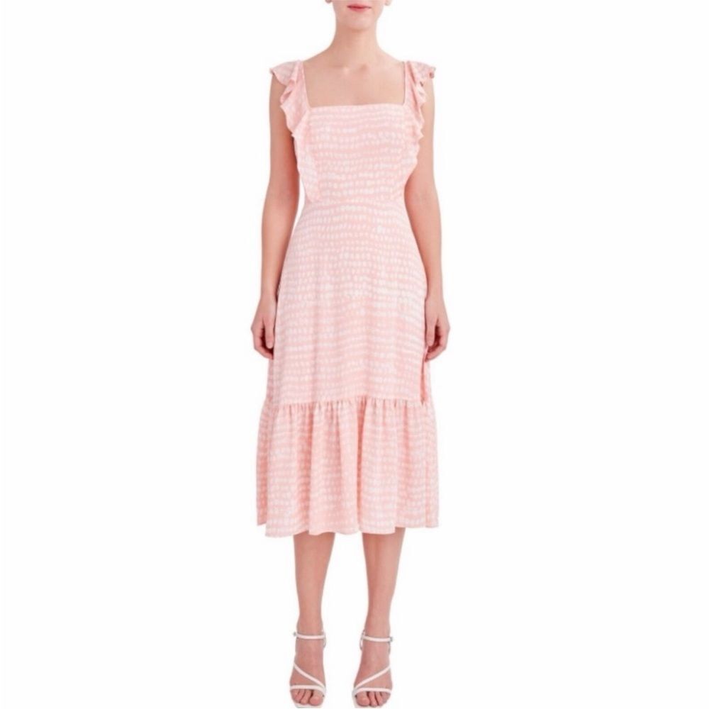 BCBG Paris Peach Pink Ruffle Dot Print Midi Dress Size Medium